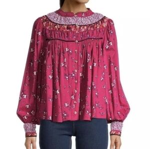 Free People Red Pink Boho Button Up Blouse XS